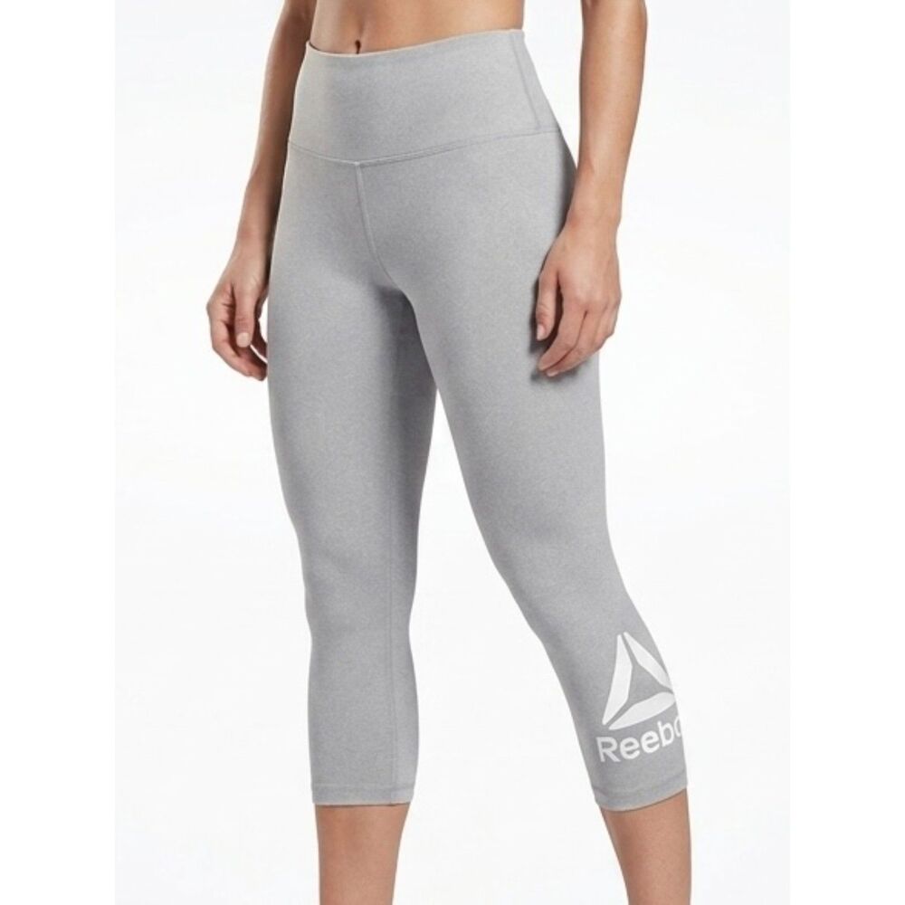 Reebok Logo Capri Leggings Heather Grey High Waist Workout‎ Size L Large